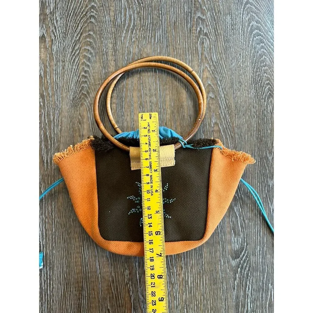 Vintage Canvas Handbag Purse Bag with Wooden Handles Rhinestones Orange Brown